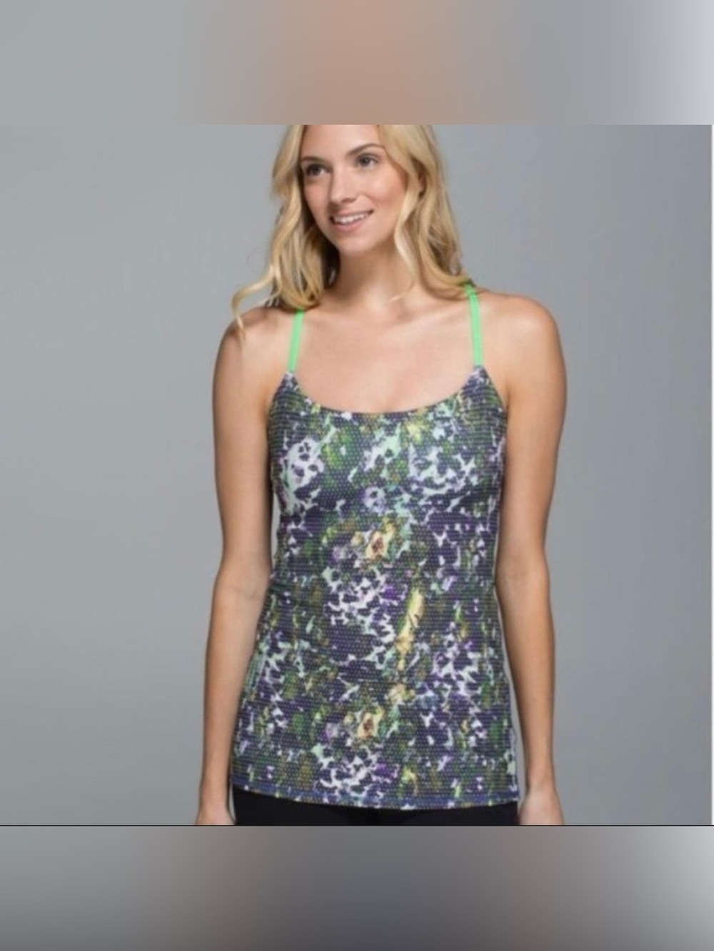 EUC Lululemon Dancing Warrior Purple Green White Dots Tank Top Shelf Bra 4